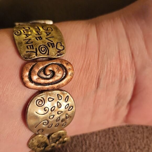 5/$15 Multi tone metal bracelet, bohemian style with save the Earth phrases - Picture 2 of 7